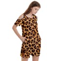 Leopard Skin Texture Macro, Brown Women s Cold Shoulder Round Neck Mini Dress View3