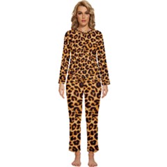 Leopard Skin Texture Macro, Brown Womens  Long Sleeve Lightweight Pajamas Set
