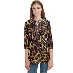 Leopard Skin Texture, Macro, Brown Women s Zip Front V-neck 3/4 Sleeve Casual Top Pocket Shirt