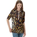 Leopard Skin Texture, Macro, Brown Women s Zip Front V-Neck 3/4 Sleeve Casual Top Pocket Shirt View3