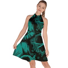 Skulls Sleeveless Halter Neck A-line Dress
