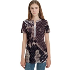 Snake Skin, Reptile Skin, Snake Skin Textures, Brown Snake Women s Zip Front V-neck Short Sleeve Casual Top Pocket Shirt