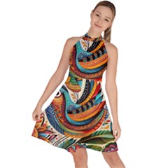 Madhubani Art A Sleeveless Halter Neck A-line Dress