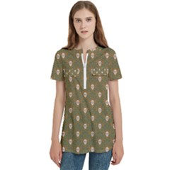 Camping Is Fun! Women s Zip Front V-neck Short Sleeve Casual Top Pocket Shirt