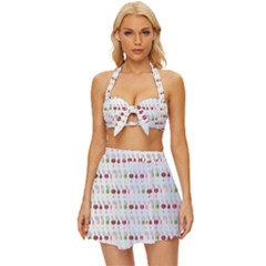 Wine Glass Pattern Vintage Style Bikini Top And Skirt Set 