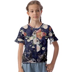 Japanese Wave Koi Illustration Pattern Kids  Cuff Sleeve Scrunch Bottom T-shirt