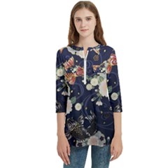 Japanese Wave Koi Illustration Pattern Women s Zip Front V-neck 3/4 Sleeve Casual Top Pocket Shirt