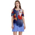 Deer Santa Claus Flying Trees Moon Night Merry Christmas Women s Cold Shoulder Round Neck Mini Dress View1