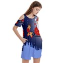 Deer Santa Claus Flying Trees Moon Night Merry Christmas Women s Cold Shoulder Round Neck Mini Dress View3