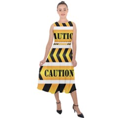 Caution Road Sign Warning Cross Danger Yellow Chevron Line Black Midi Tie-back Chiffon Dress