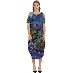 Psychedelic Digital Art Artwork Landscape Colorful Cold Shoulder Loose Fit Dress With Pockets