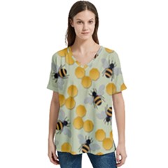 Bees Pattern Honey Bee Bug Honeycomb Honey Beehive V-neck Split Shoulder Casual T-shirt