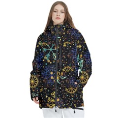 Gold Teal Snowflakes Gold Abstract Christmas Women s Multi Pockets Zip Ski And Snowboard Waterproof Breathable Jacket