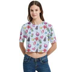 Christmas Decorations Pattern, Xmas Backgrounds Women s Round Neck Short Sleeve Crop Top