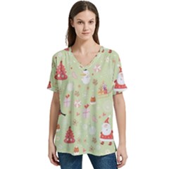 Christmas Pattern, Christmas Tree, Santa V-neck Split Shoulder Casual T-shirt
