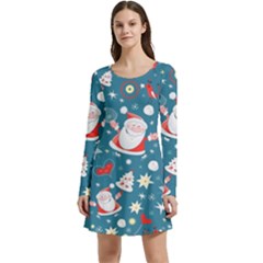 Christmas Pattern, Pattern, Christmas, Santa, Blue Long Sleeve Velour Skater Dress