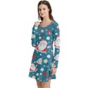 Christmas Pattern, Pattern, Christmas, Santa, Blue Long Sleeve Velour Skater Dress View2