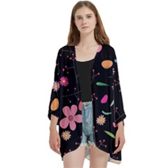 Foliage Pattern, Adorable Beautiful Open Front 3/4 Sleeve Batwing Chiffon Cardigan Kimono