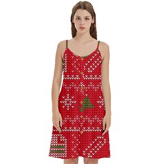 Red Christmas Pattern Xmas Decorations, Christmas Knitted Texture Women s Spaghetti Strap Pullover Cami Dress