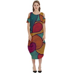 Swirly, Abstract, Multi Colored, Pattern, Cold Shoulder Loose Fit Dress With Pockets