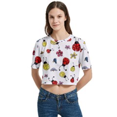 Seamless Pattern Nature Flowers Women s Round Neck Short Sleeve Crop Top