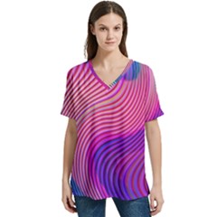 Swirl Twirl Design Pattern Purple V-neck Split Shoulder Casual T-shirt