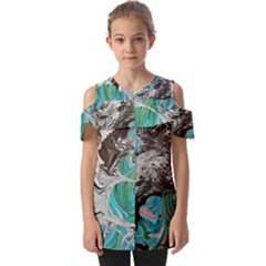Marbling Mono Blend  Fold Over Open Sleeve Top