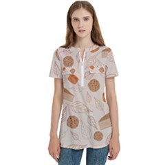 Leaves Cake Cookies Pattern Women s Zip Front V-neck Short Sleeve Casual Top Pocket Shirt