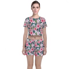 Hibiscus Flowers With White Dhari On Crop Top And Shorts Co-ord Set