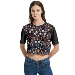 Pearls And Stones Women s Round Neck Short Sleeve Crop Top