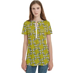 Eyes Pattern Women s Zip Front V-neck Short Sleeve Casual Top Pocket Shirt