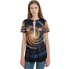 Galaxy Background Star Women s Zip Front V-neck Short Sleeve Casual Top Pocket Shirt