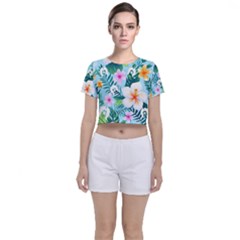 Tropical Flowers With White Dhari On Crop Top And Shorts Co-ord Set