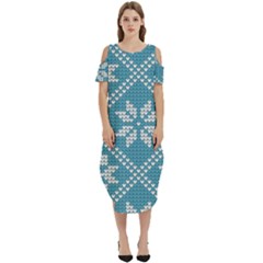 Blue Winter Knitted Texture, Blue Winter Background, Knitted Texture Cold Shoulder Loose Fit Dress With Pockets
