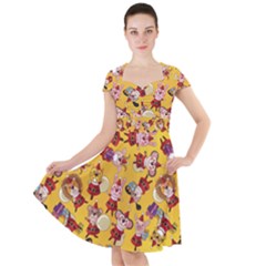 Cartoon Xmas Characters Pattern Cap Sleeve Midi Dress With Pockets