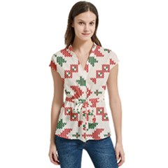 Christmas Texture, New Year, Red-green Christmas Ornament Texture Women s Cap Sleeve Mandarin Collar Waist Tie Blouse