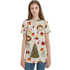 Christmas Pattern, Pattern, Christmas, Trees Women s Zip Front V-neck Short Sleeve Casual Top Pocket Shirt