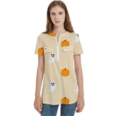 Pumpkin And Boo Crew Halloween  Women s Zip Front V-neck Short Sleeve Casual Top Pocket Shirt
