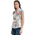 Floral Elements Peony Chinese Rose Women s Cap Sleeve Mandarin Collar Waist Tie Blouse View2