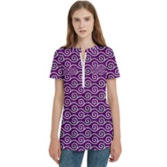 Violet White Pattern Women s Zip Front V-neck Short Sleeve Casual Top Pocket Shirt