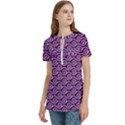 Violet White Pattern Women s Zip Front V-Neck Short Sleeve Casual Top Pocket Shirt View2