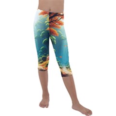 Autumn Trees Nature Kids  Lightweight Velour Capri Leggings 
