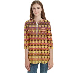 Gradient Lion Head Pattern Women s Zip Front V-neck 3/4 Sleeve Casual Top Pocket Shirt