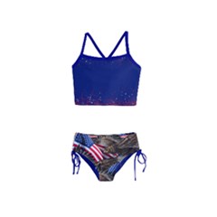 Medium Blue & Brown Patriotic Usa Eagles Girls  Tankini Swimsuit