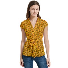 Pixel Art Mushroom Pattern Women s Cap Sleeve Mandarin Collar Waist Tie Blouse