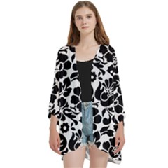 Black Floral Background, Vintage Floral Pattern Open Front 3/4 Sleeve Batwing Chiffon Cardigan Kimono