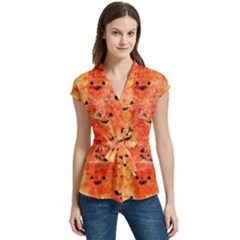 Carved Pumpkin Faces Women s Cap Sleeve Mandarin Collar Waist Tie Blouse