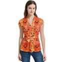 Carved Pumpkin Faces Women s Cap Sleeve Mandarin Collar Waist Tie Blouse View1
