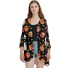 Cool Halloween Ghosts, Adoxali, Autumn Open Front 3/4 Sleeve Batwing Chiffon Cardigan Kimono