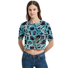 Ghosts Owls Pumpkins Women s Round Neck Short Sleeve Crop Top